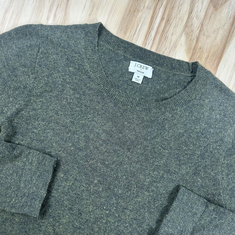 J.Crew Women's Teddy Crewneck Sweater Green Medium Wool Cotton Blend Cozy Knit